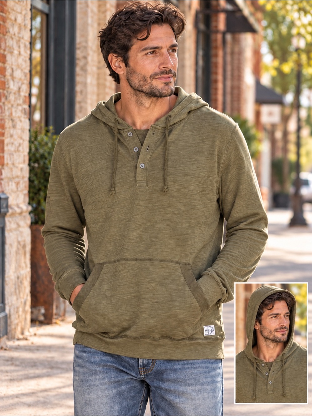 Lucky Brand Men’s XL Olive Green Slub Knit Henley Hoodie Kangaroo Pocket